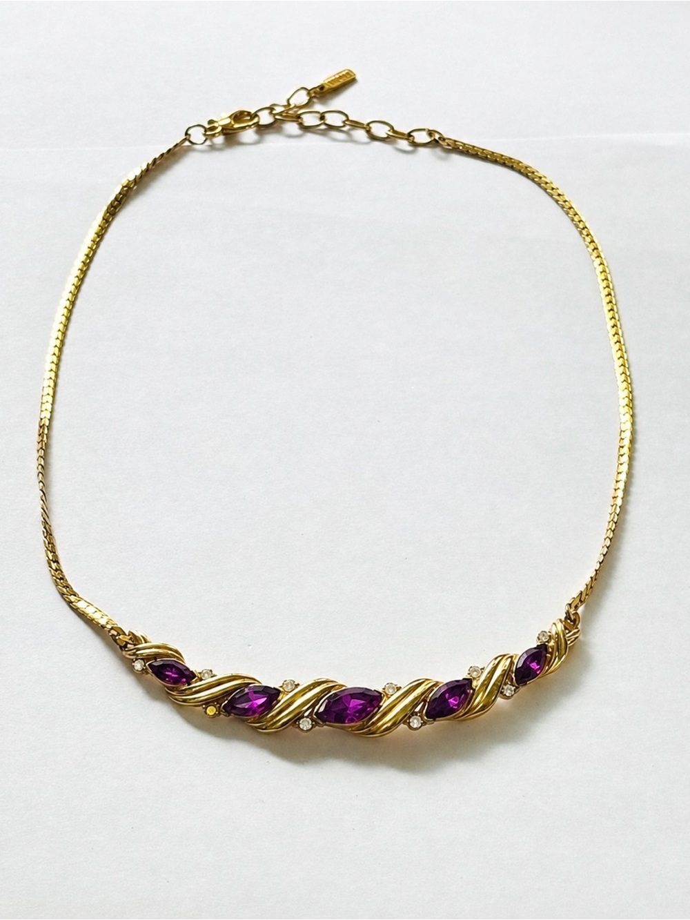 Vendome Vintage 70s Signed Gold Tone Herringbone Purple & Clear Rhinestone
